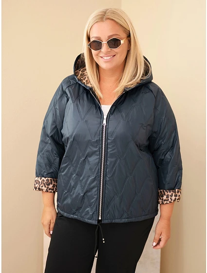 Dámská bunda Plus Size s kapucí a leopardím lemováním modrá