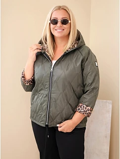 Dámská bunda Plus Size s kapucí a leopardím lemováním khaki