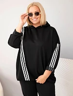 Dámska mikina Plus Size z viskózy s kapucňou a ozdobnými pruhmi, čierna