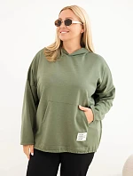 Dámska mikina Plus Size z viskózy s kapucňou a klokaním vreckom, farba khaki