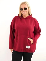 Dámska mikina z viskózy vo veľkosti plus size s kapucňou a klokaním vreckom, bordová