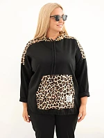 Dámska mikina z viskózy vo veľkosti Plus Size s kapucňou a leopardovými vsadkami, čierna
