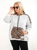 Dámska mikina Plus Size z viskózy s kapucňou a leopardovými detailmi, sivá