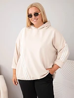 Dámska mikina Plus Size z viskózy s kapucňou a ozdobnými prúžkami, béžová