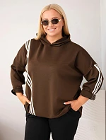 Dámska mikina z viskózy vo veľkosti plus size s kapucňou a ozdobnými pásikmi, hnedá