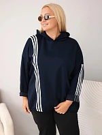 Dámska mikina Plus Size z viskózy s kapucňou a ozdobnými pásikmi, modrá