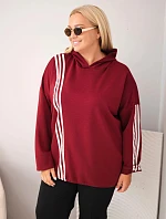 Dámska mikina Plus Size z viskózy s kapucňou a ozdobnými pruhmi, bordová farba