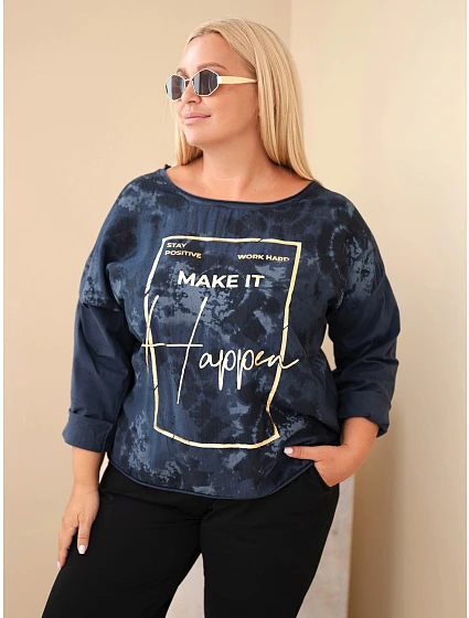 Dámská bavlněná plus size halenka s potiskem a výstřihem U modrá