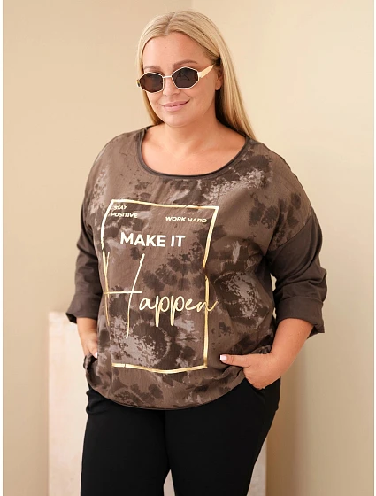 Dámská bavlněná halenka Plus Size s potiskem a výstřihem U hnědá Dámská bavlněná halenka Plus Size s potiskem a výstřihem U hnědá