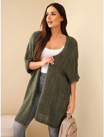 Dámský oversize svetr s volným pletením bez zapínání khaki Dámský oversize svetr s volným pletením bez zapínání khaki