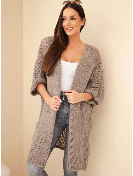 Dámský oversize svetr s volným pletením bez zapínání fango zelená Dámský oversize svetr s volným pletením bez zapínání fango zelená