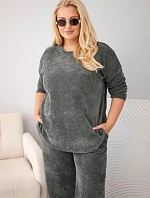 Dámský komplet Plus Size z viskózy manšestrový se širokými kalhotami a mikinou khaki