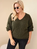 Dámský svetr Plus Size s výstřihem do V a širokým rukávem khaki