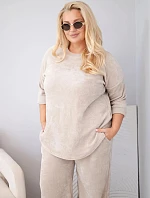 Dámský plus size komplet z viskózy manšestrový se širokými kalhotami a mikinou béžový