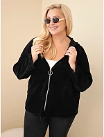 Dámská mikina Plus Size manšestrová s kapucí a zipem oversize černá