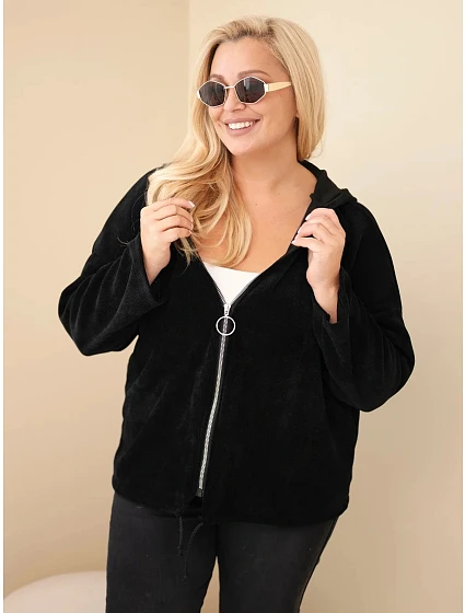 Dámská mikina Plus Size manšestrová s kapucí a zipem oversize černá