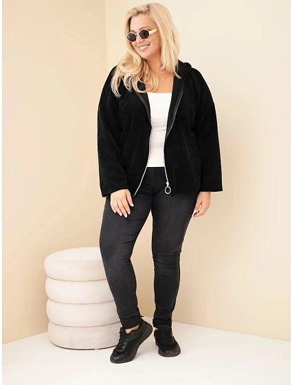 Dámská mikina Plus Size manšestrová s kapucí a zipem oversize černá Dámská mikina Plus Size manšestrová s kapucí a zipem oversize černá