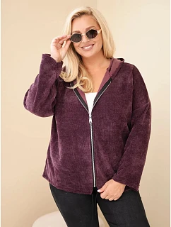 Dámská mikina Plus Size manšestrová s kapucí a zipem oversized tmavě fialová