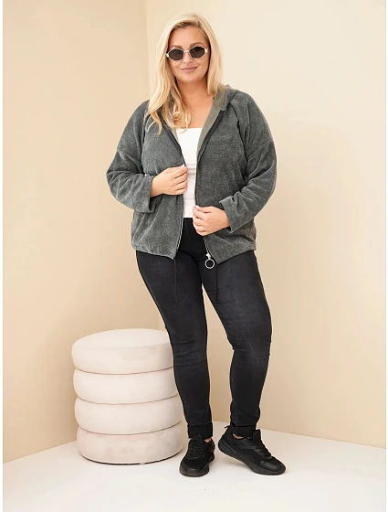 Dámská oversized plus size manšestrová mikina s kapucí a zipem khaki