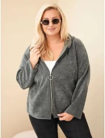 Dámská oversized plus size manšestrová mikina s kapucí a zipem khaki