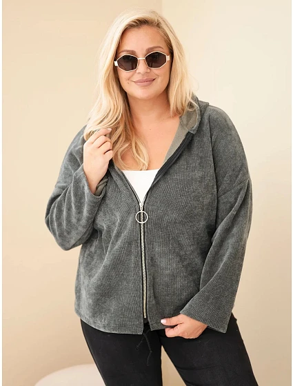 Dámská oversized plus size manšestrová mikina s kapucí a zipem khaki