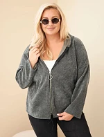 Dámská oversized plus size manšestrová mikina s kapucí a zipem khaki