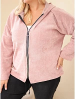 Dámská mikina Plus Size manšestrová s kapucí a zipem oversize tmavě pudrová růžová