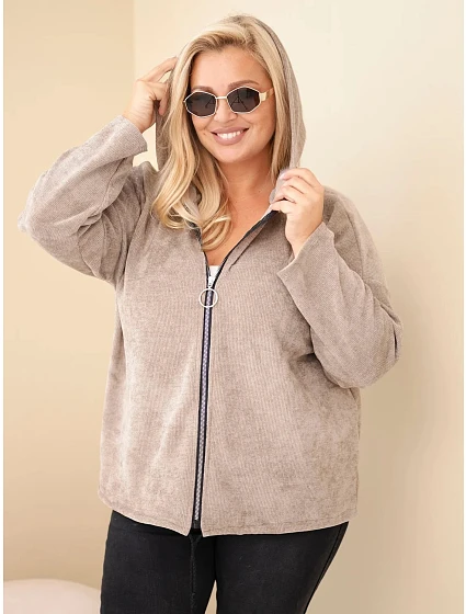 Dámská mikina Plus Size manšestrová s kapucí a zipem oversize fango zelená