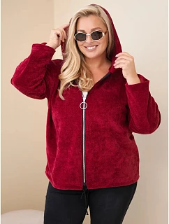 Dámská mikina Plus Size manšestrová s kapucí a zipem oversize bordó červená