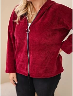 Dámská mikina Plus Size manšestrová s kapucí a zipem oversize bordó červená