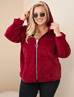 Dámská mikina Plus Size manšestrová s kapucí a zipem oversize bordó červená