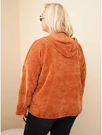 Dámská mikina Plus Size manšestrová s kapucí a zipem oversize hnědá