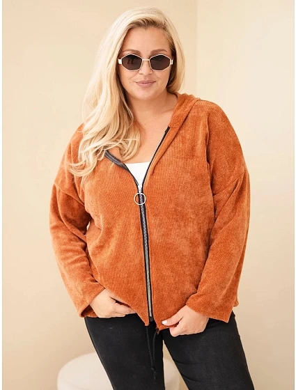 Dámská mikina Plus Size manšestrová s kapucí a zipem oversize hnědá