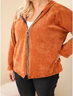 Dámská mikina Plus Size manšestrová s kapucí a zipem oversize hnědá