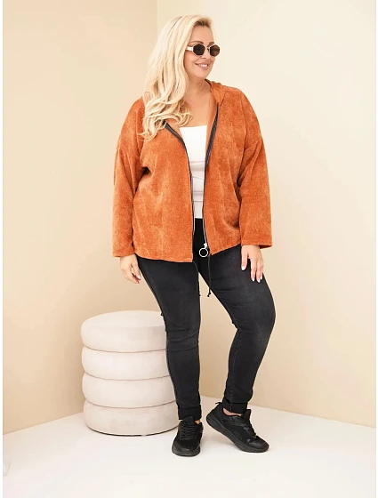 Dámská mikina Plus Size manšestrová s kapucí a zipem oversize hnědá Dámská mikina Plus Size manšestrová s kapucí a zipem oversize hnědá