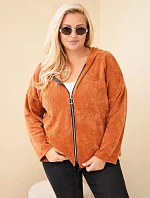 Dámská mikina Plus Size manšestrová s kapucí a zipem oversize hnědá