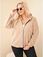 Dámská mikina Plus Size manšestrová s kapucí a zipem oversize camelová