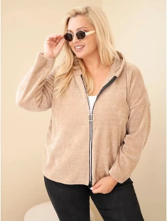 Dámská mikina Plus Size manšestrová s kapucí a zipem oversize camelová