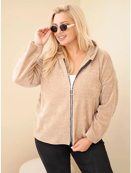 Dámská mikina Plus Size manšestrová s kapucí a zipem oversize camelová