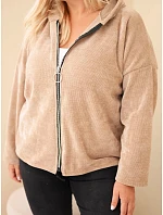 Dámská mikina Plus Size manšestrová s kapucí a zipem oversize camelová