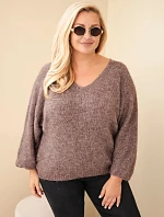 Dámský svetr Plus Size s výstřihem do V a širokým rukávem mocca