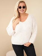 Dámský svetr Plus Size s výstřihem do V a širokým rukávem béžový
