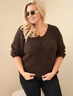 Dámský svetr Plus Size s výstřihem do V a širokým rukávem hnědý