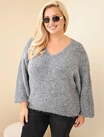 Dámský svetr Plus Size s výstřihem do V a širokým rukávem šedý