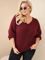 Dámský svetr Plus Size s výstřihem do V a širokým rukávem bordó