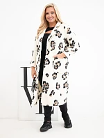 Dámský elegantní kabát Plus Size s klopami v leopardí vzor ecru