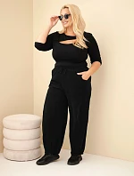 Dámské kalhoty bavlněné Plus Size manšestrové s gumou v pase a kapsami černé
