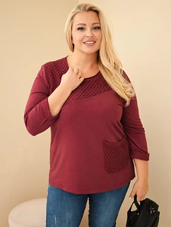 Dámská bavlněná mikina Plus Size s krajkovým vsadkou a kapsou bordó