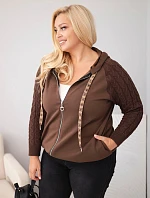 Dámská bavlněná mikina Plus Size s pletenými rukávy a kapucí hnědá