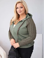Dámská bavlněná mikina Plus Size s pletenými rukávy a kapucí khaki